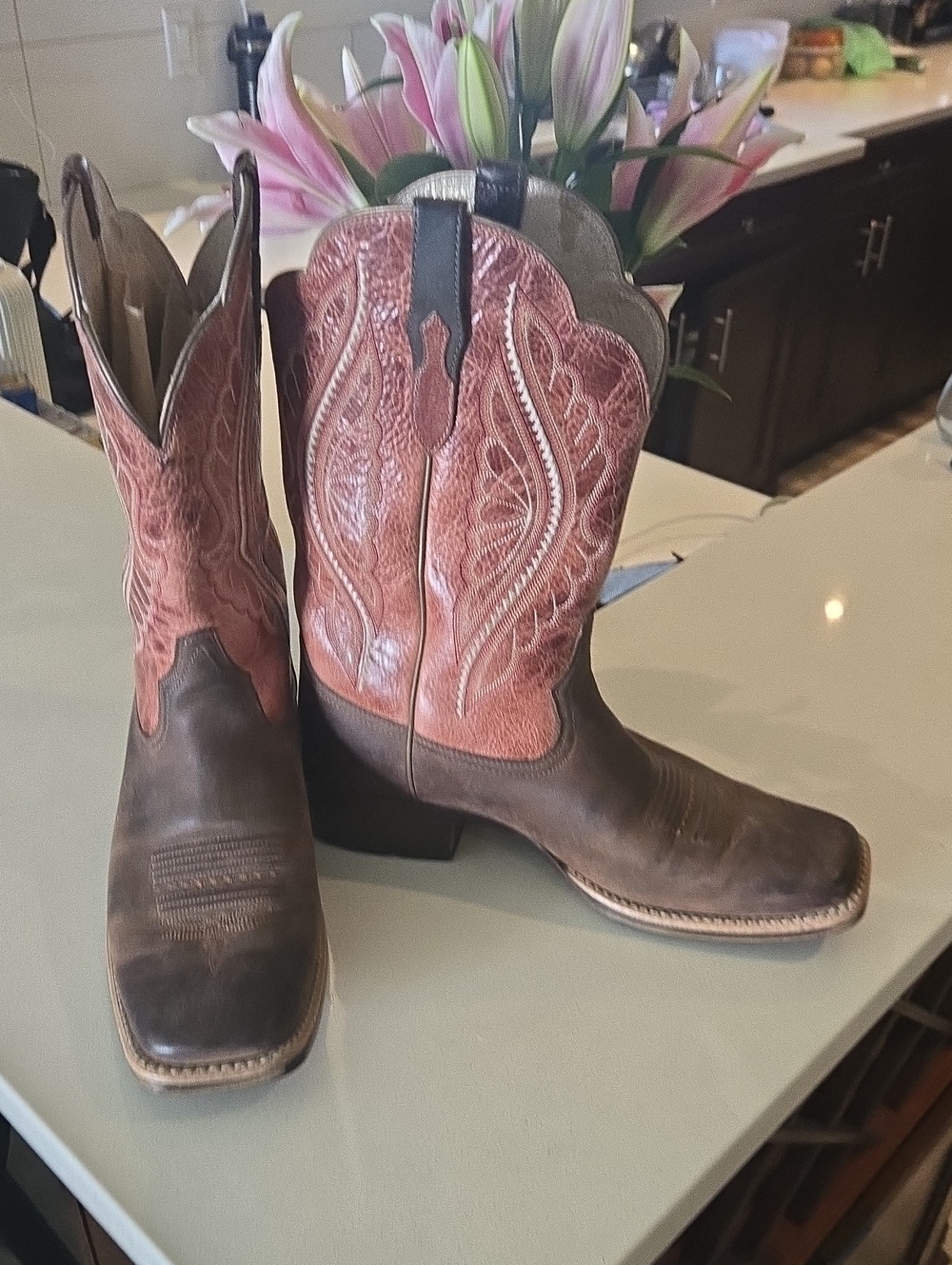 Ariat Brown Leather Boots with Pink Embroidered Shaft
